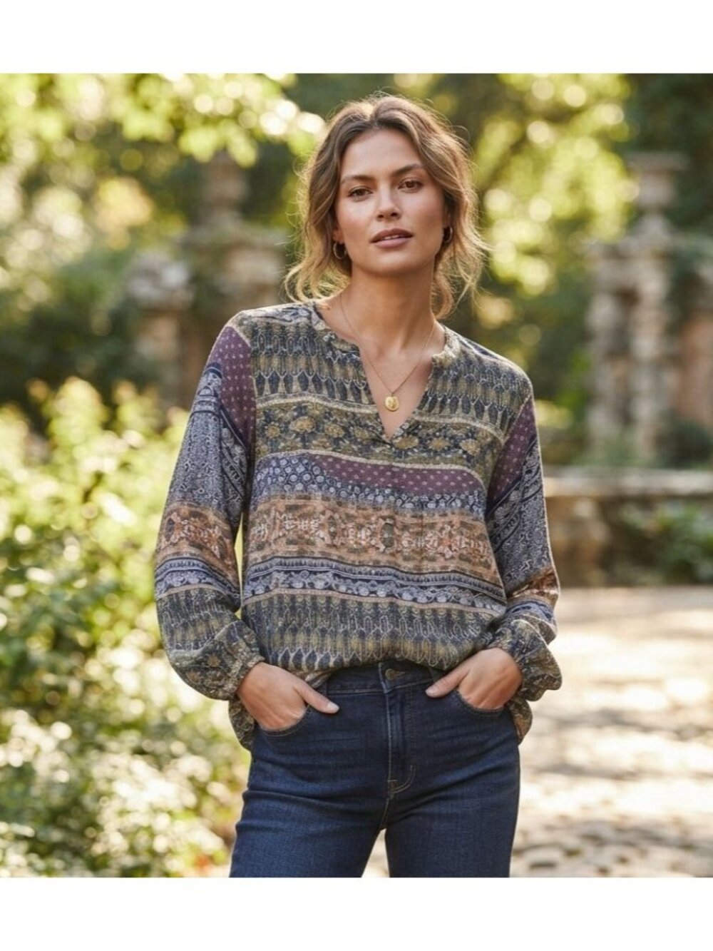 Women's - Lucky Brand Long Sleeve Boho Peasant Blouse, Size Medium